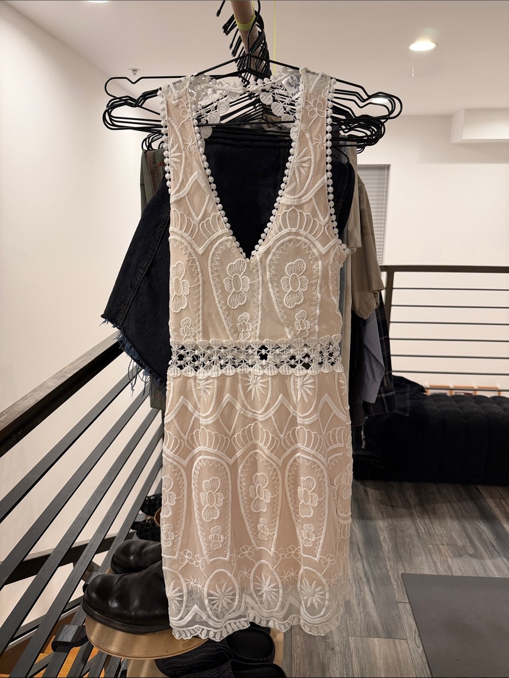Ivory Lace-Embroidered Mini Dress with Scalloped V-Neck